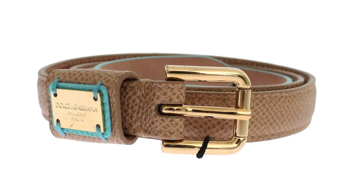 Brown Leather Gold Buckle Logo Waist Belt