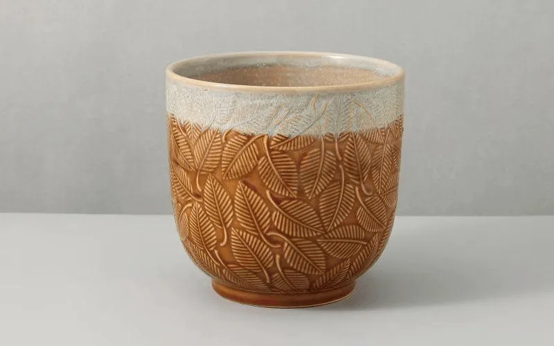 Brown Rustic Leaf Patern Glazed Ceramic Flower Pot