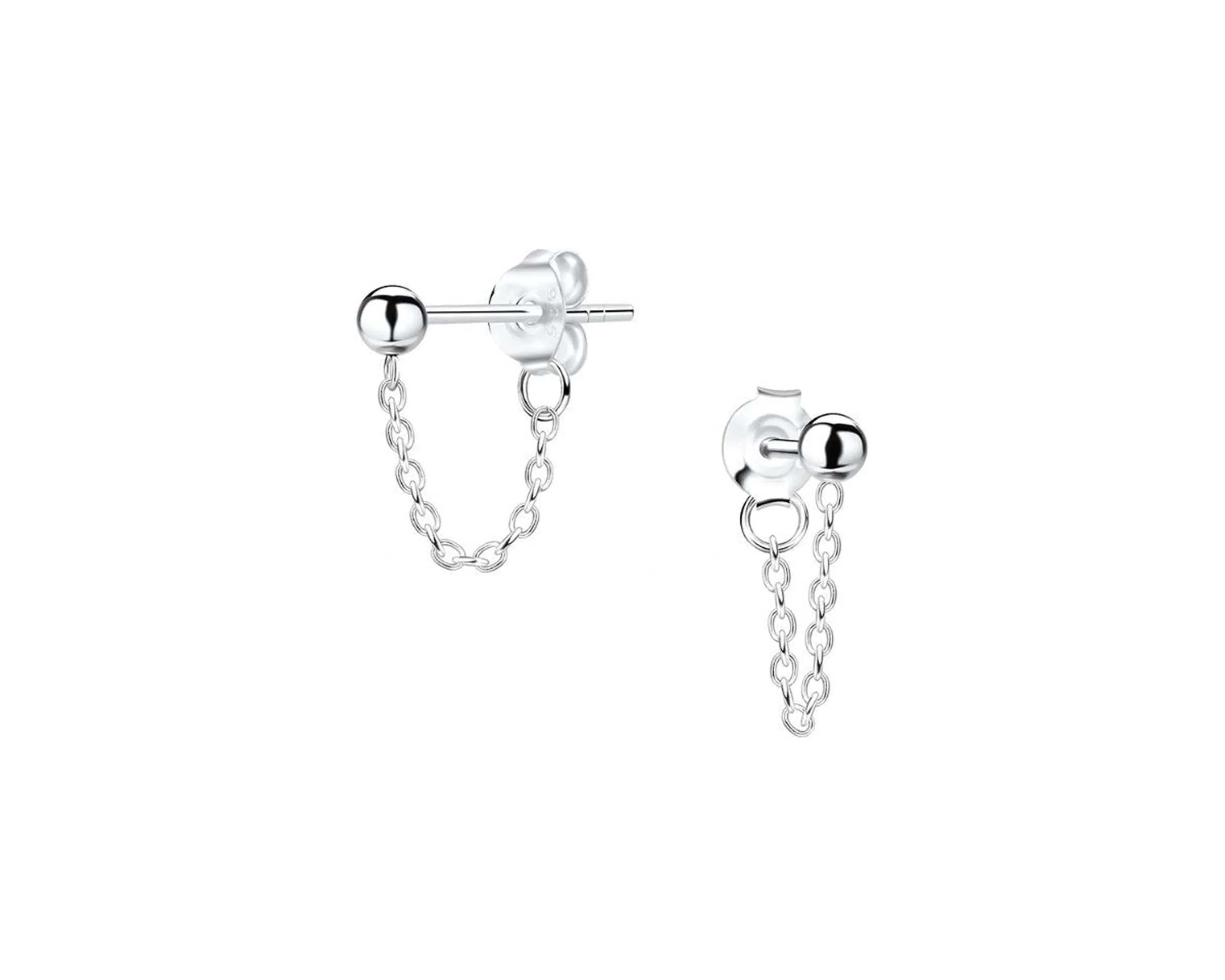 Chain Earrings - Ball Stud Earrings With Chain
