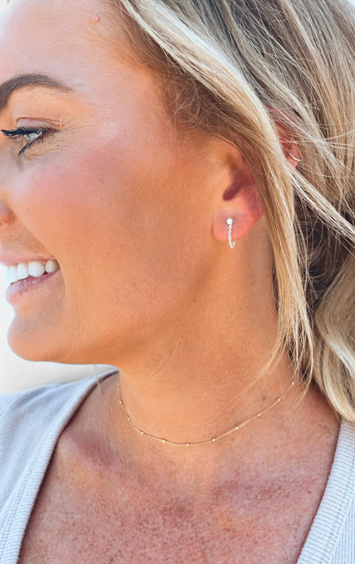 Chain Earrings - Ball Stud Earrings With Chain