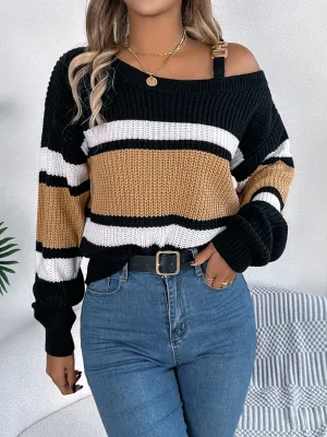 Color Block Asymmetrical Neck Long Sleeve Sweater (3 Colors)