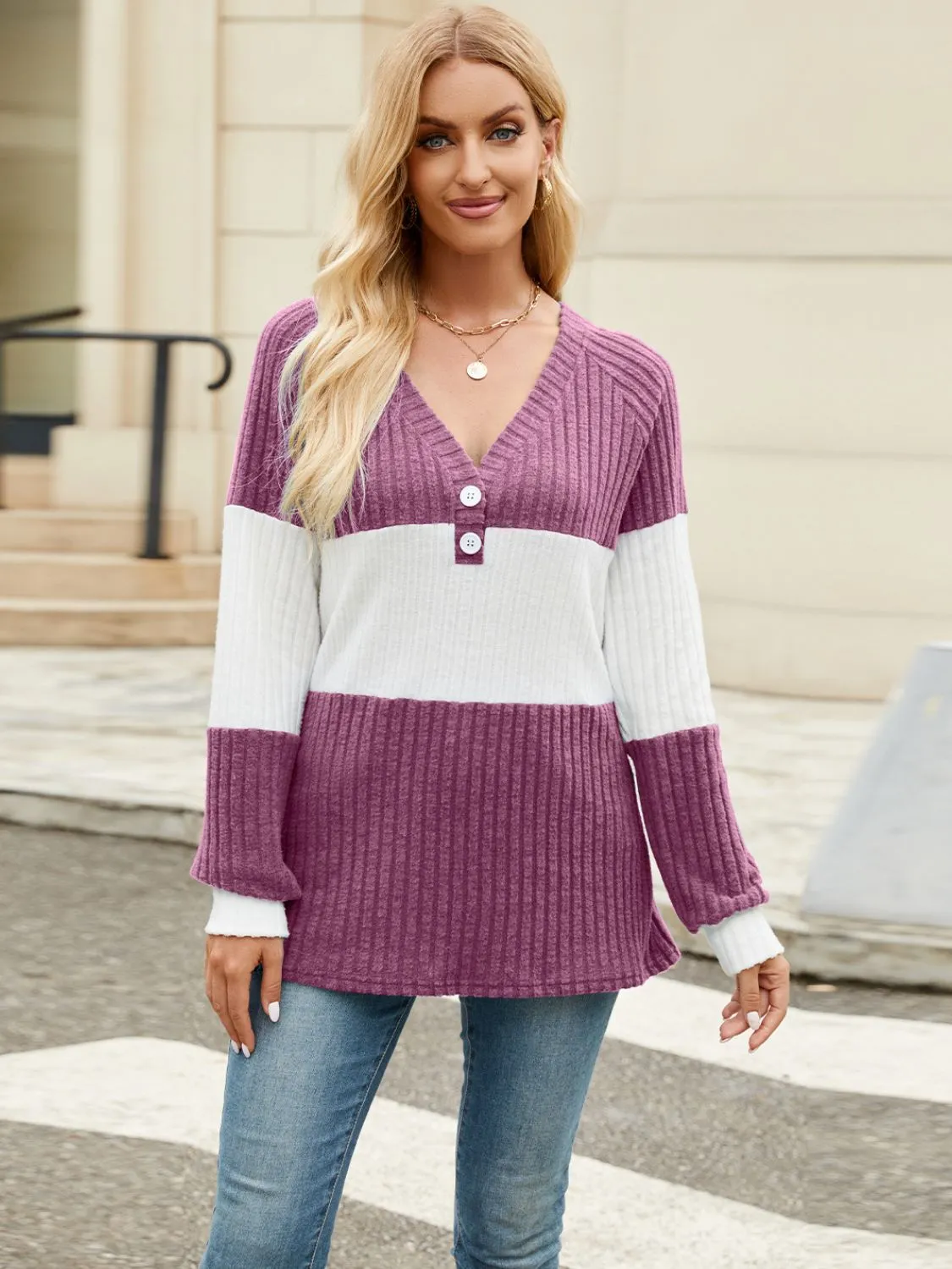 Color Block V-Neck Long Sleeve Top (6 Colors)
