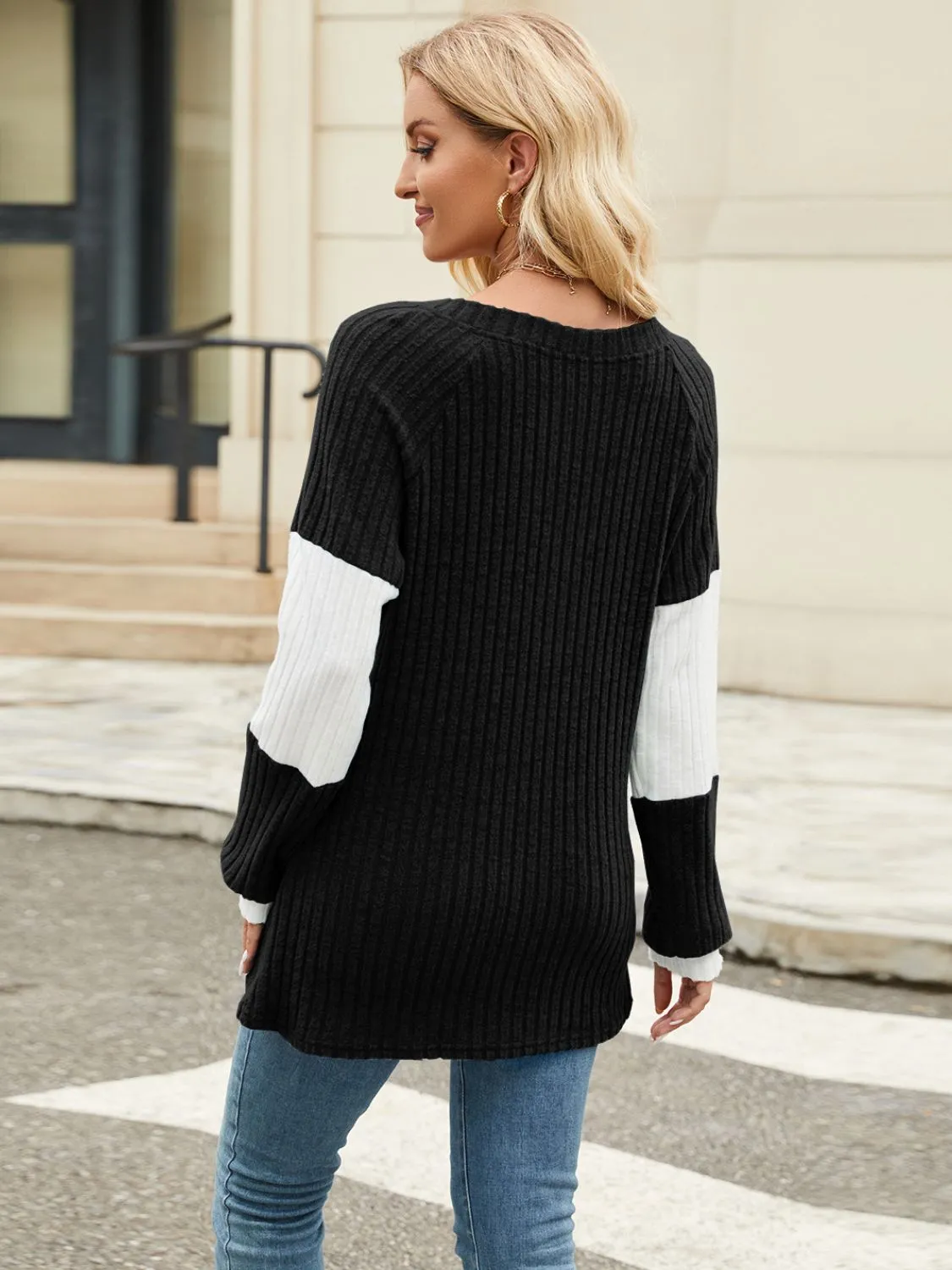 Color Block V-Neck Long Sleeve Top (6 Colors)