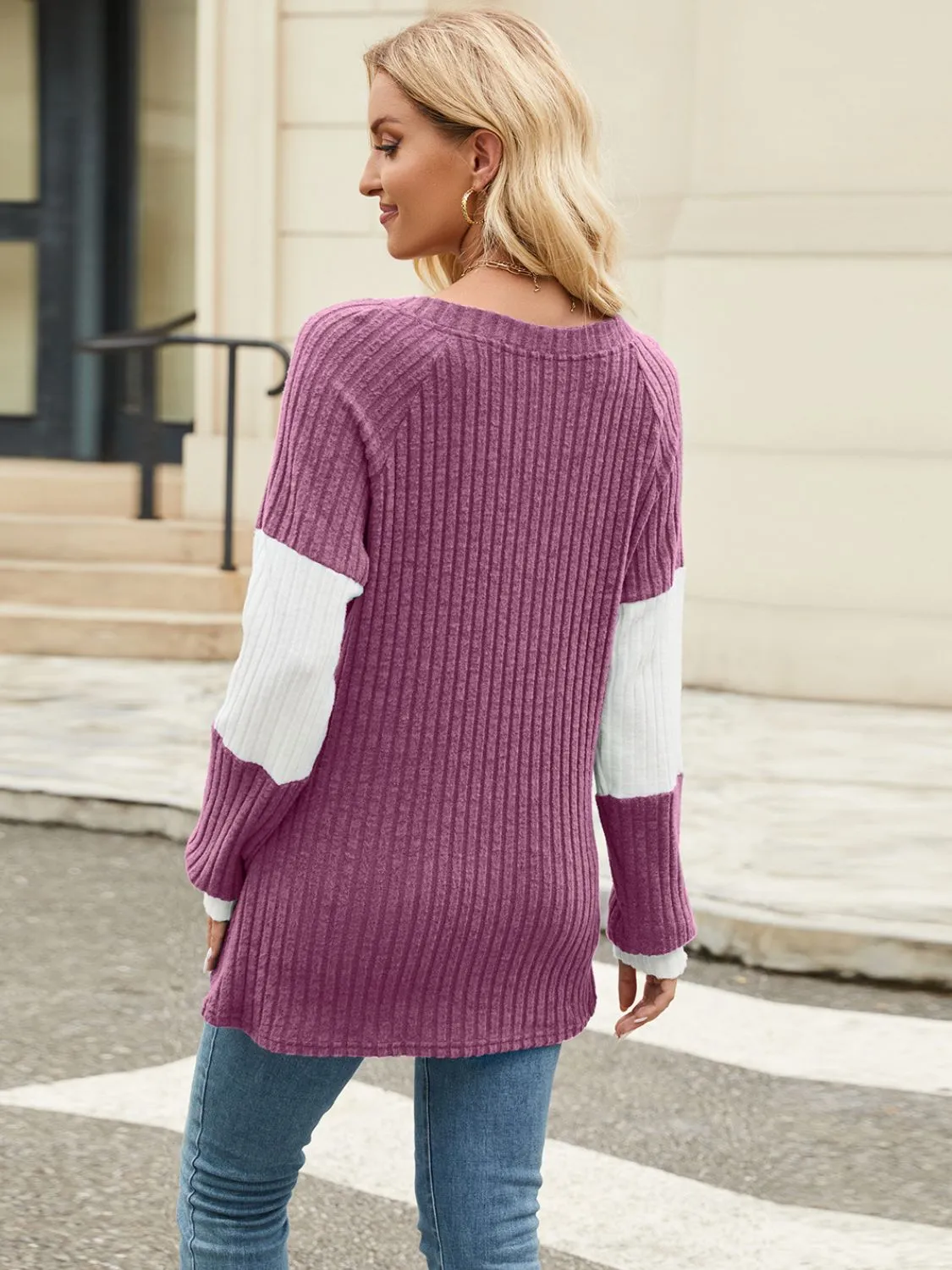 Color Block V-Neck Long Sleeve Top (6 Colors)