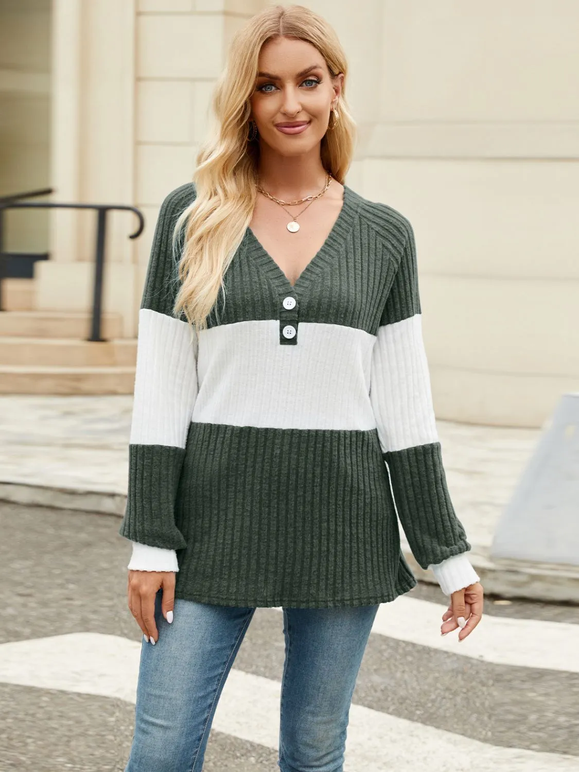 Color Block V-Neck Long Sleeve Top (6 Colors)