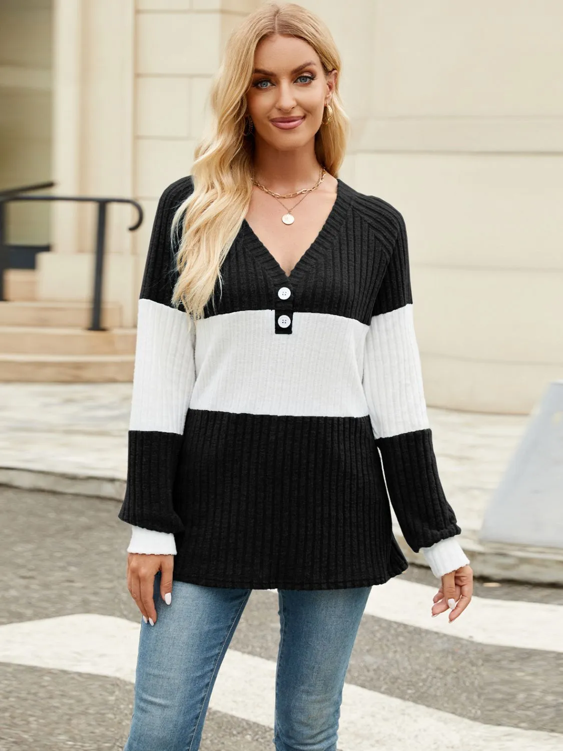 Color Block V-Neck Long Sleeve Top (6 Colors)
