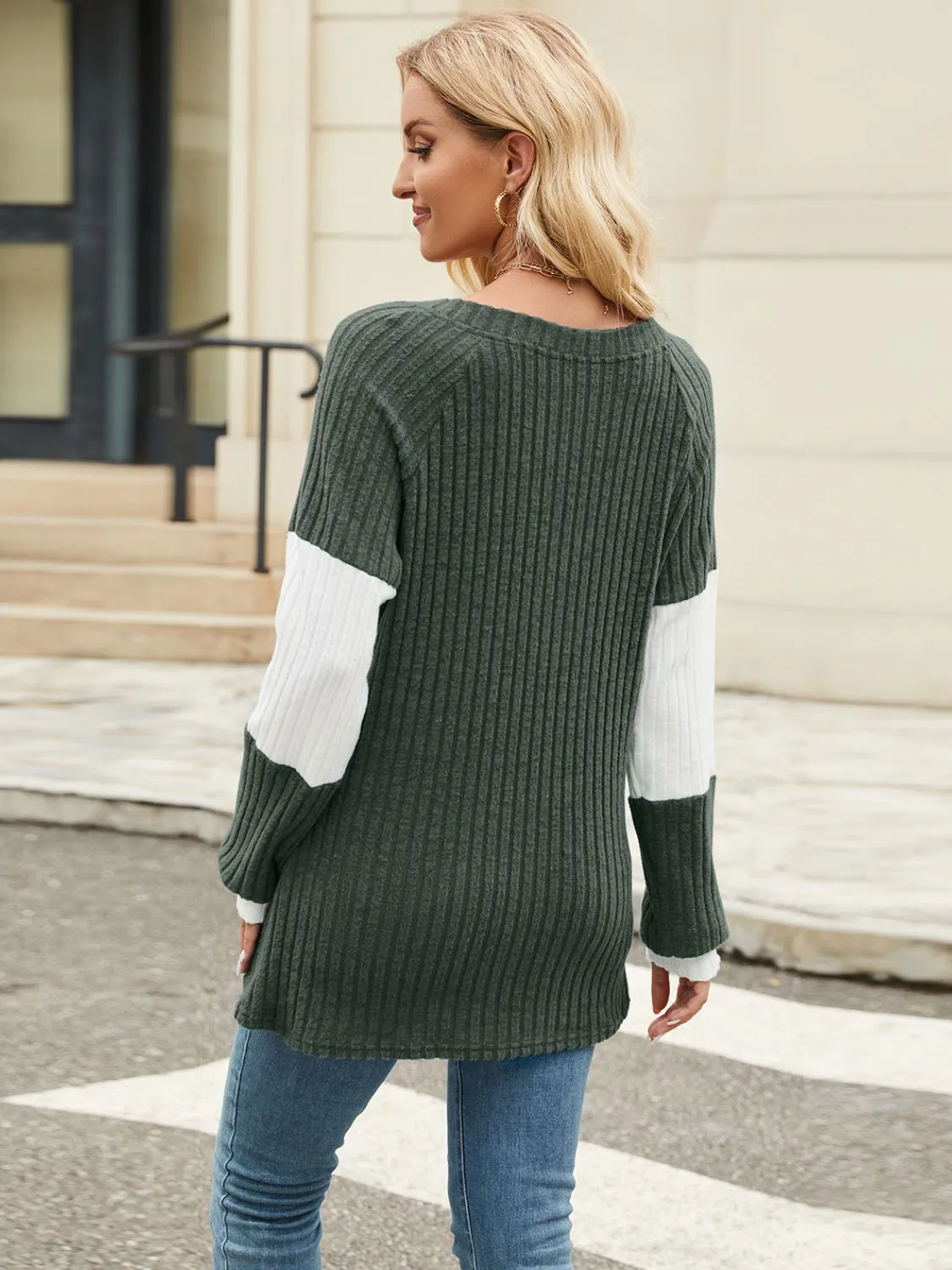Color Block V-Neck Long Sleeve Top (6 Colors)