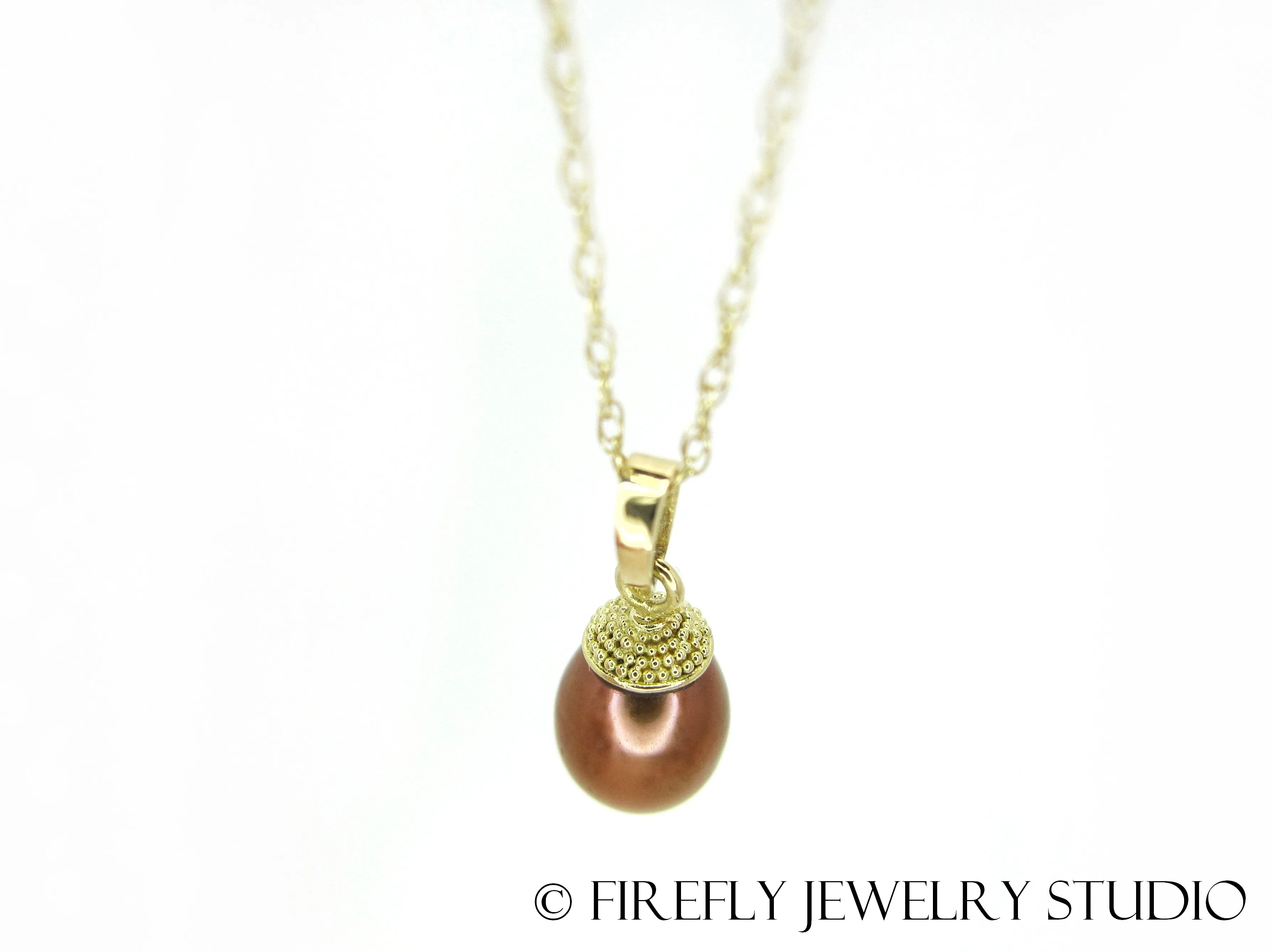 Copper Pearl Acorn Necklace in 18k Yellow Gold