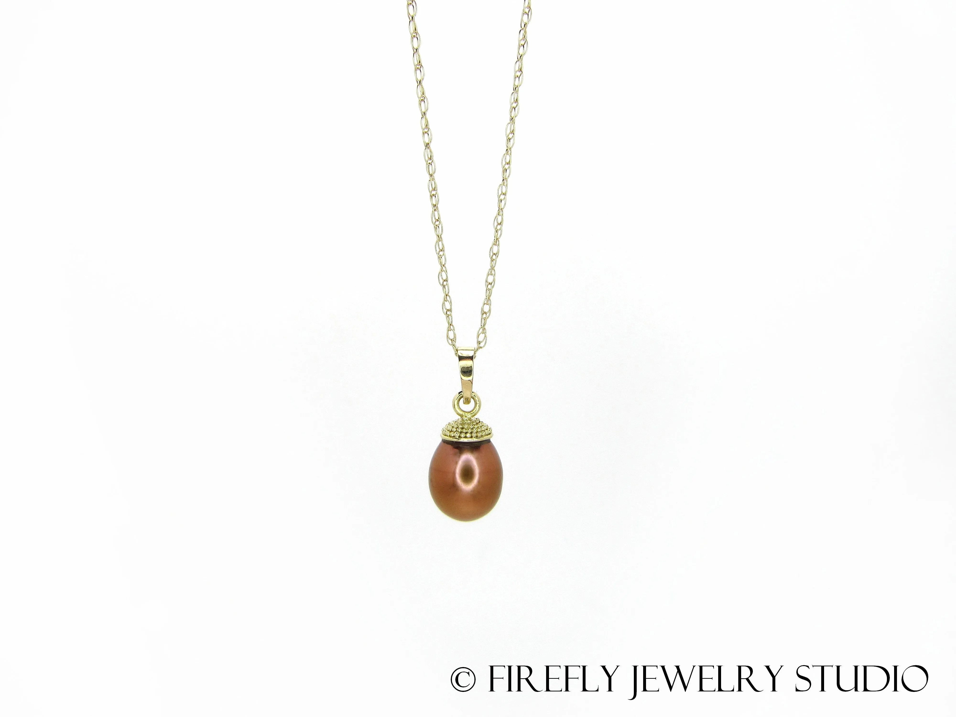 Copper Pearl Acorn Necklace in 18k Yellow Gold