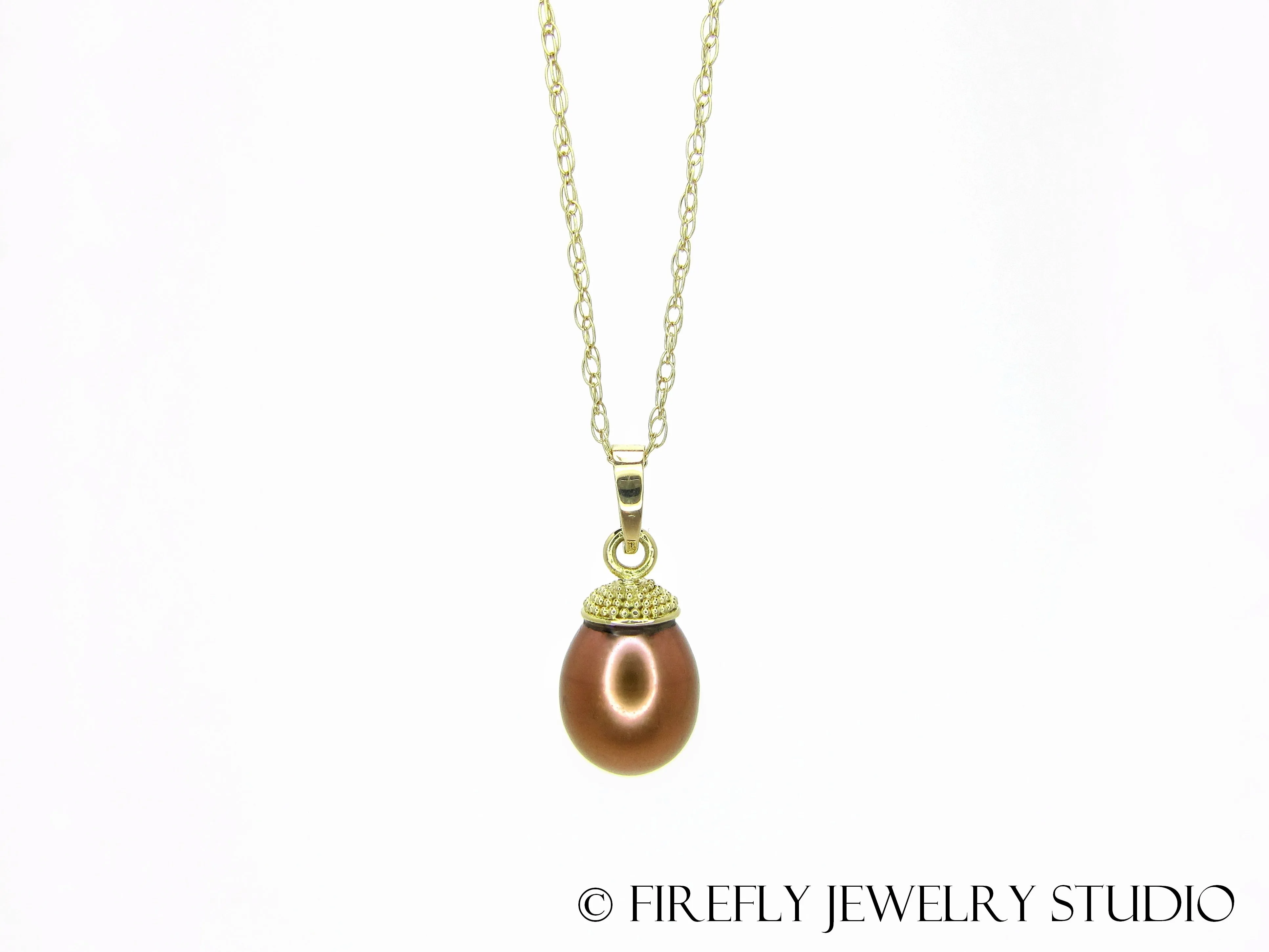 Copper Pearl Acorn Necklace in 18k Yellow Gold