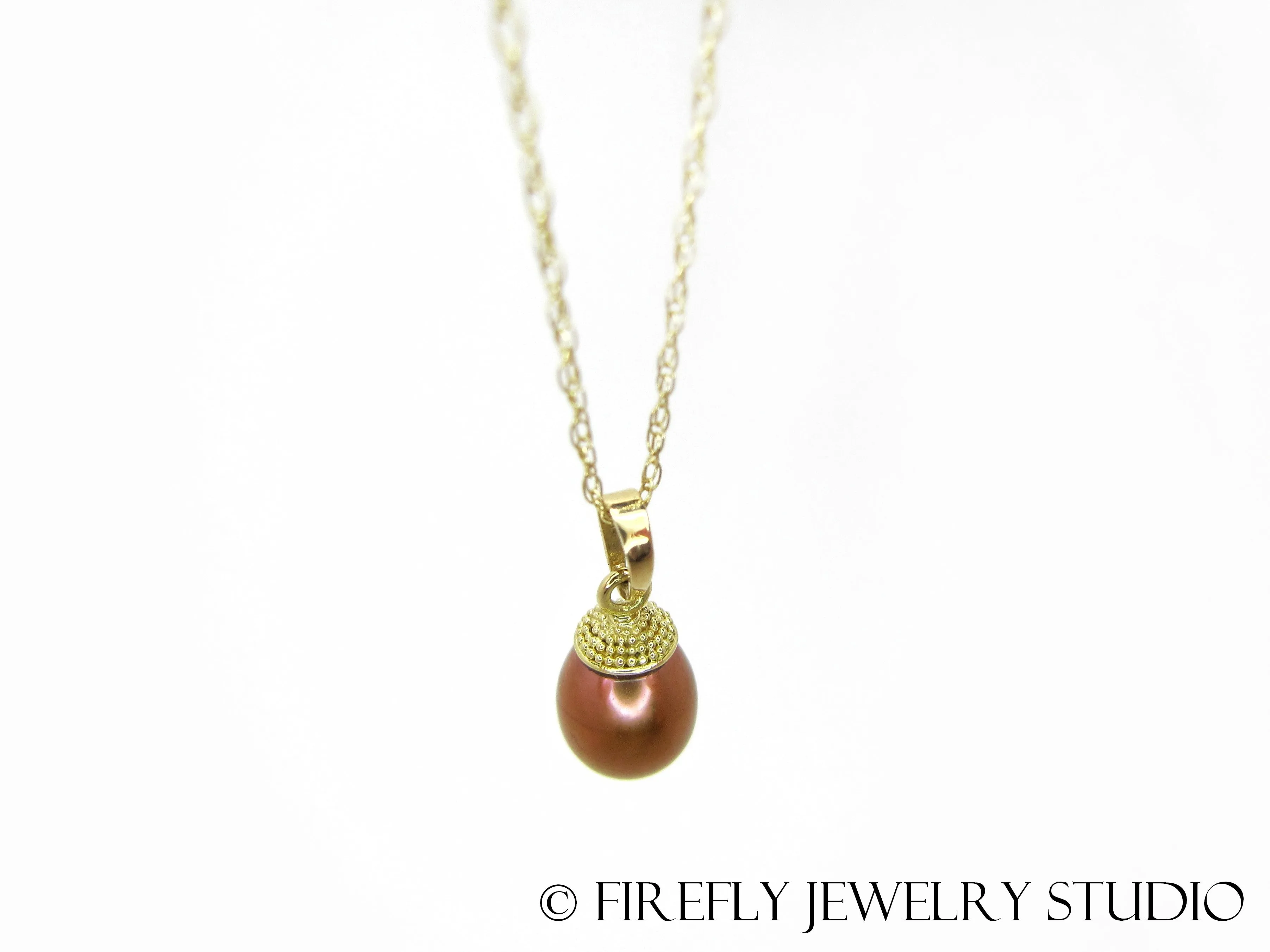 Copper Pearl Acorn Necklace in 18k Yellow Gold