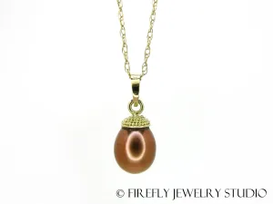 Copper Pearl Acorn Necklace in 18k Yellow Gold