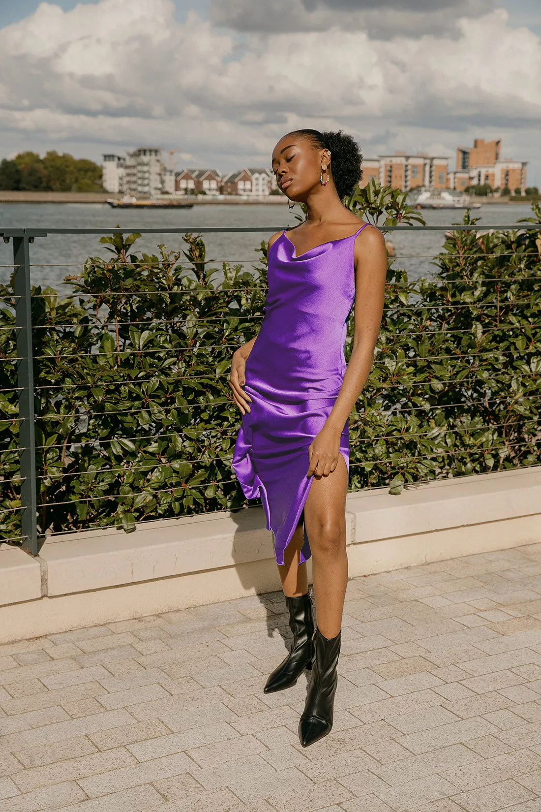 Cowl Neck Strap Slip Midi Dress with Side Slit