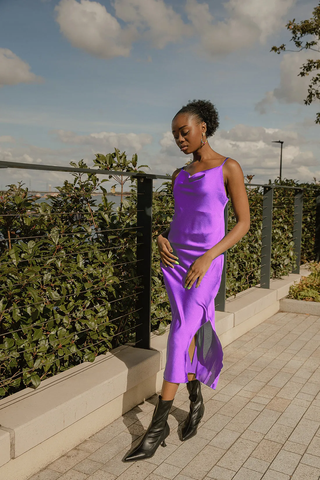 Cowl Neck Strap Slip Midi Dress with Side Slit