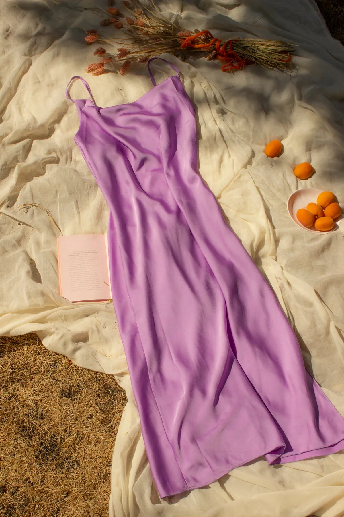 Cowl Neck Strap Slip Midi Dress with Side Slit