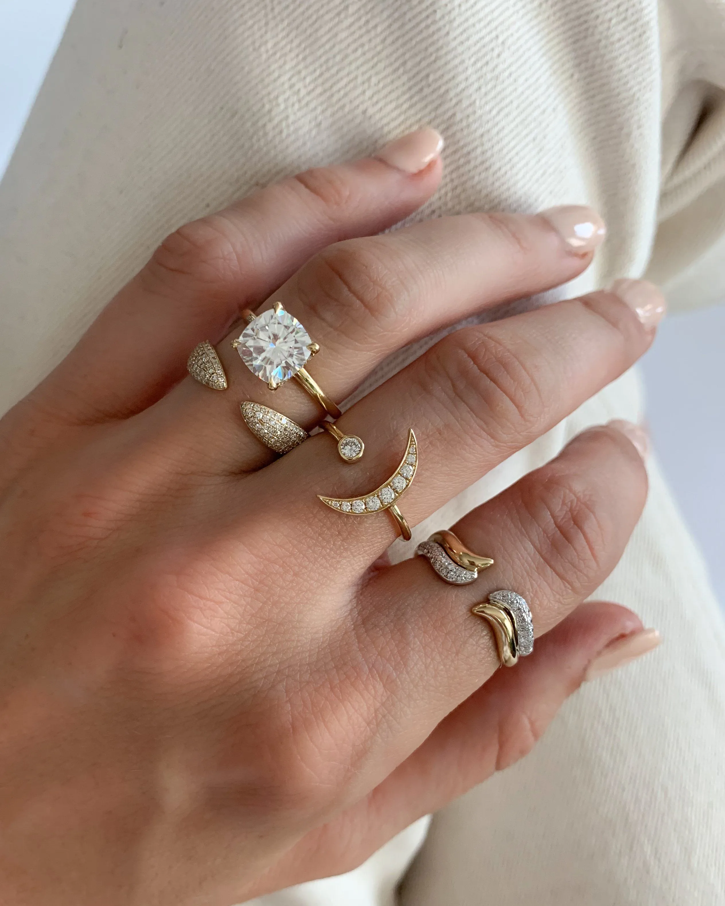 Crescent Solitaire Engagement Ring With Cushion Cut Diamond