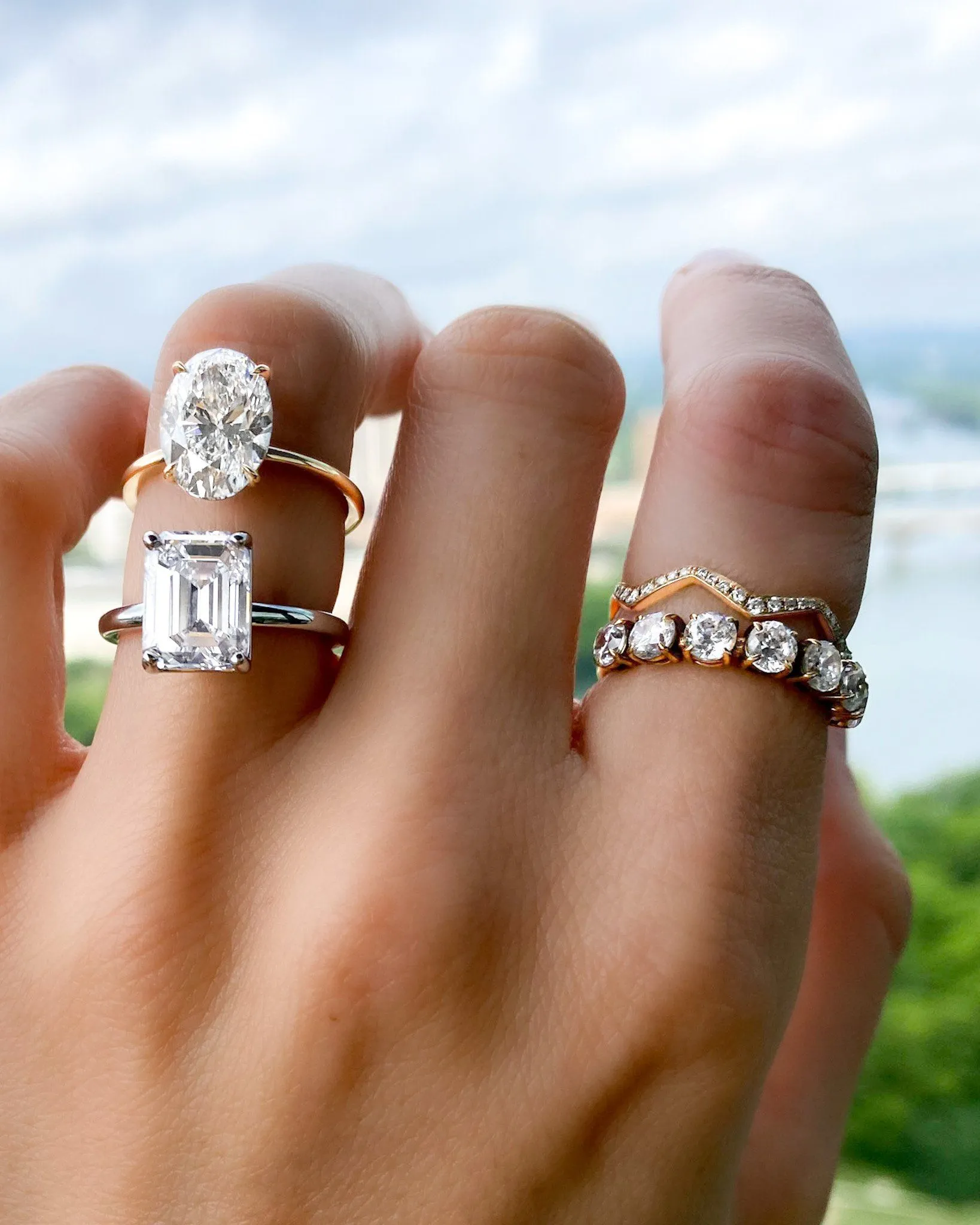 Crescent Solitaire Engagement Ring With Emerald Cut Diamond (North South)