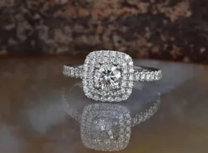 Cushion ring-Diamond engagement ring-Promise ring-Square diamond ring-4 prong engagement-Double halo ring-Dainty Engagement Ring-Thin band