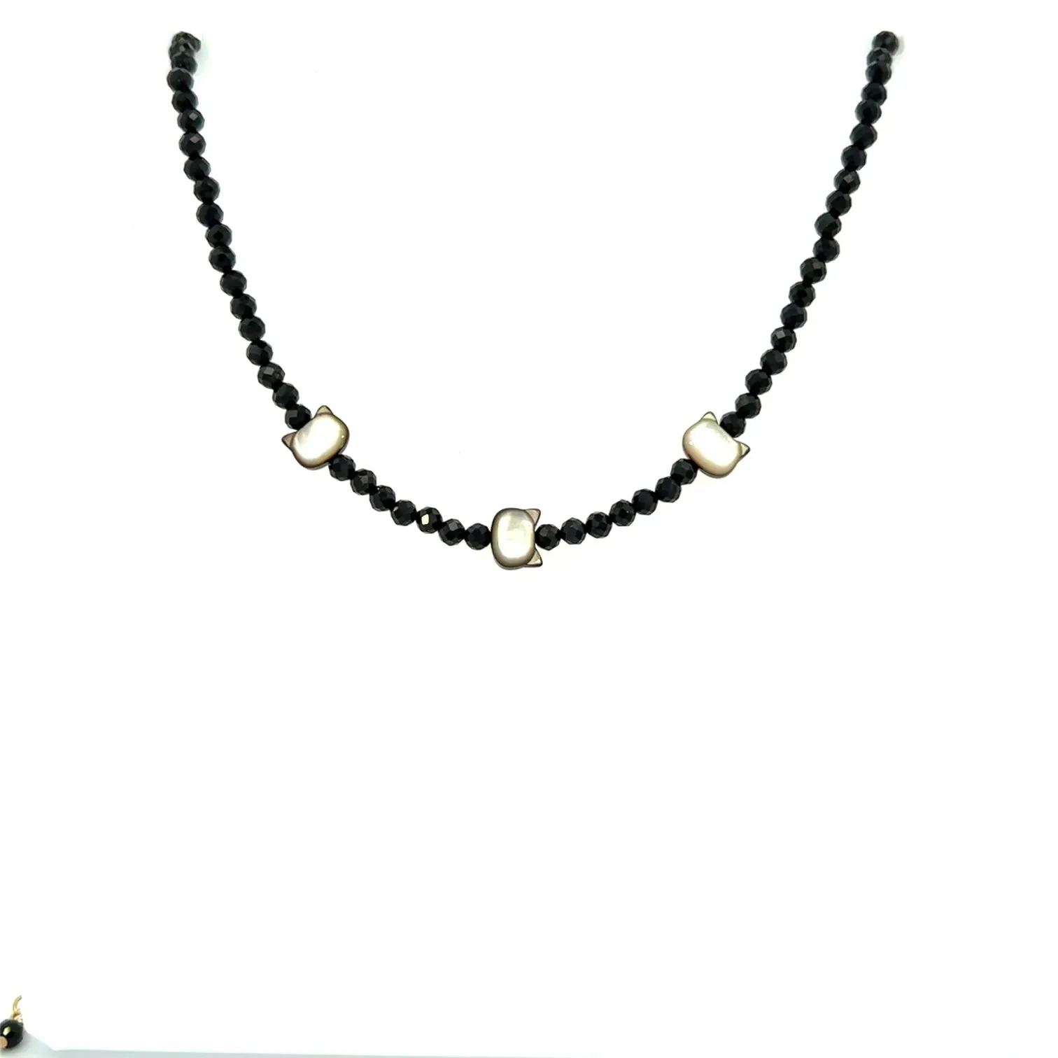 Dainty Black Spinel Choker Necklace With Cats of Black Mother of Pearl 14k GF Gold