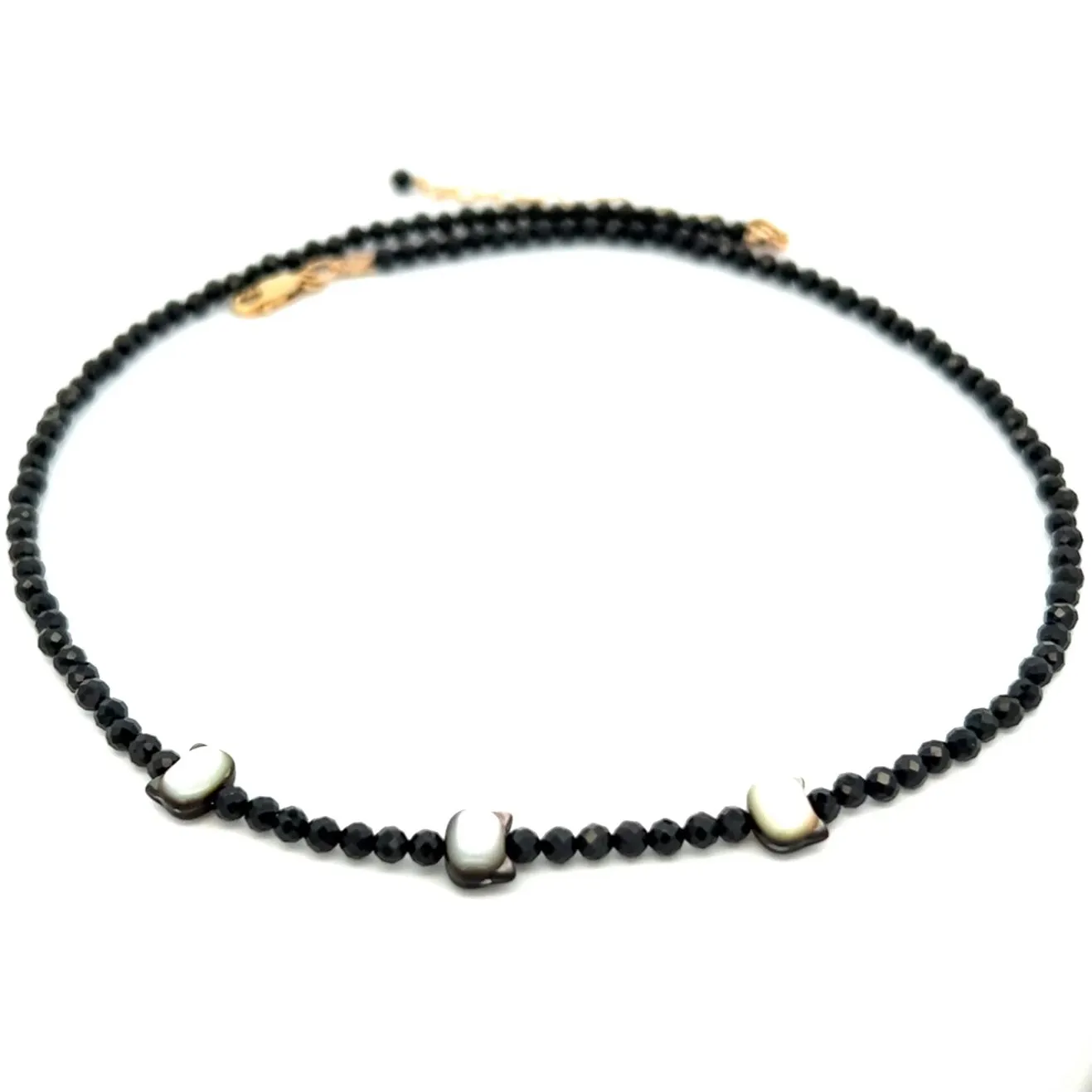 Dainty Black Spinel Choker Necklace With Cats of Black Mother of Pearl 14k GF Gold