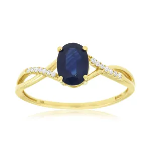 Dainty Blue Oval Sapphire Crossover Diamond Band Ring in Yellow Gold