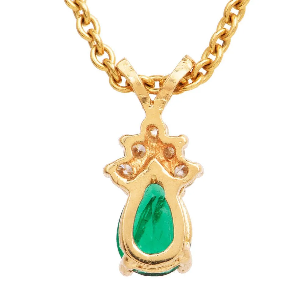 Dainty Estate Yellow Gold Diamond and Pear Shaped Emerald Pendant