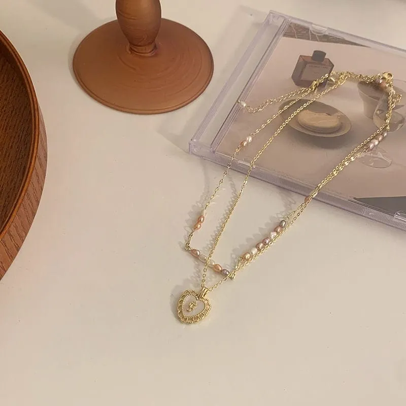 Dainty Layered Floral Heart Pendant Pearl Chain Choker Necklace Set