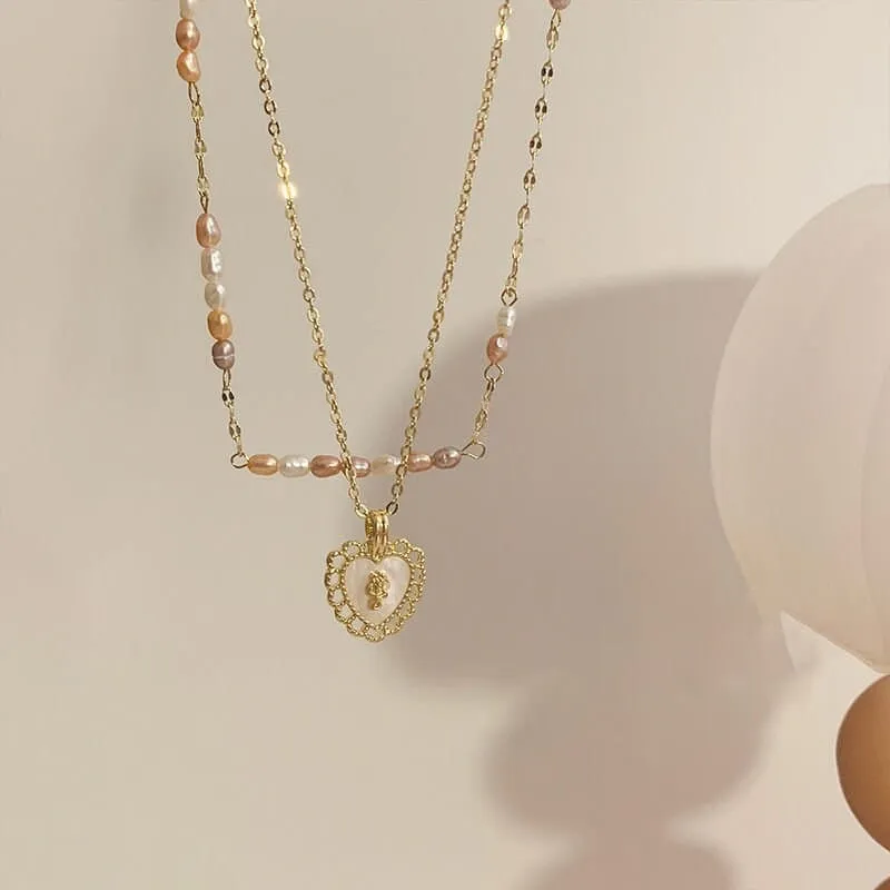 Dainty Layered Floral Heart Pendant Pearl Chain Choker Necklace Set