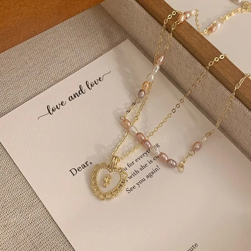 Dainty Layered Floral Heart Pendant Pearl Chain Choker Necklace Set