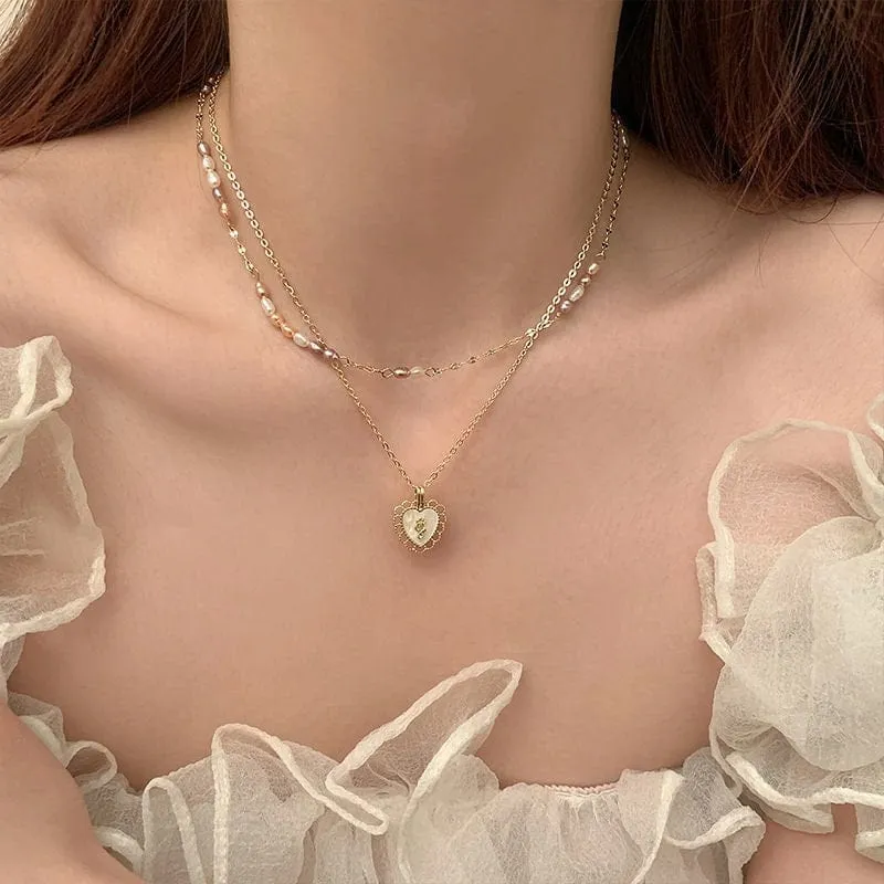 Dainty Layered Floral Heart Pendant Pearl Chain Choker Necklace Set