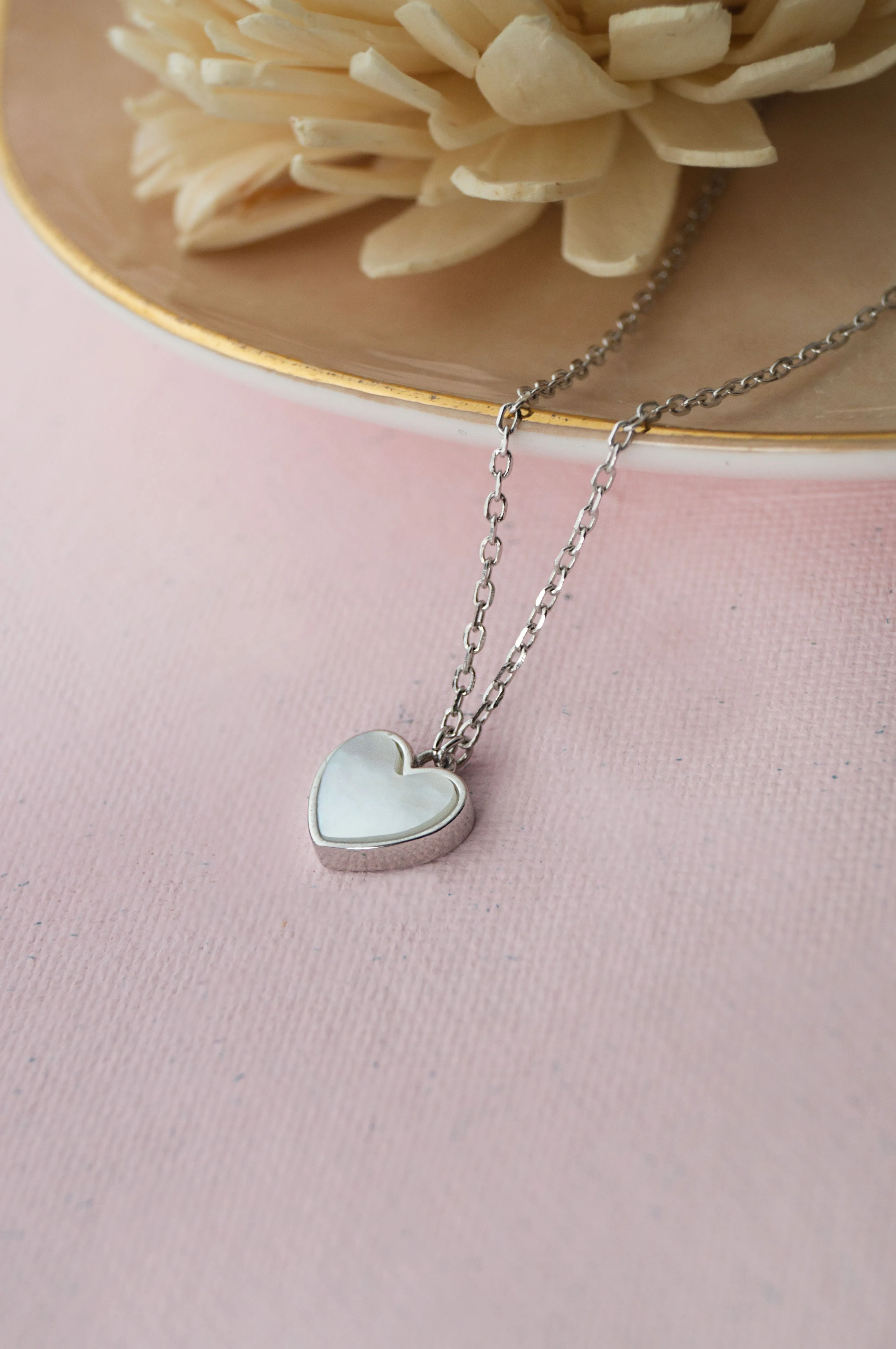 Dainty Mother-Of-Pearl Heart Sterling Silver Chain Necklace