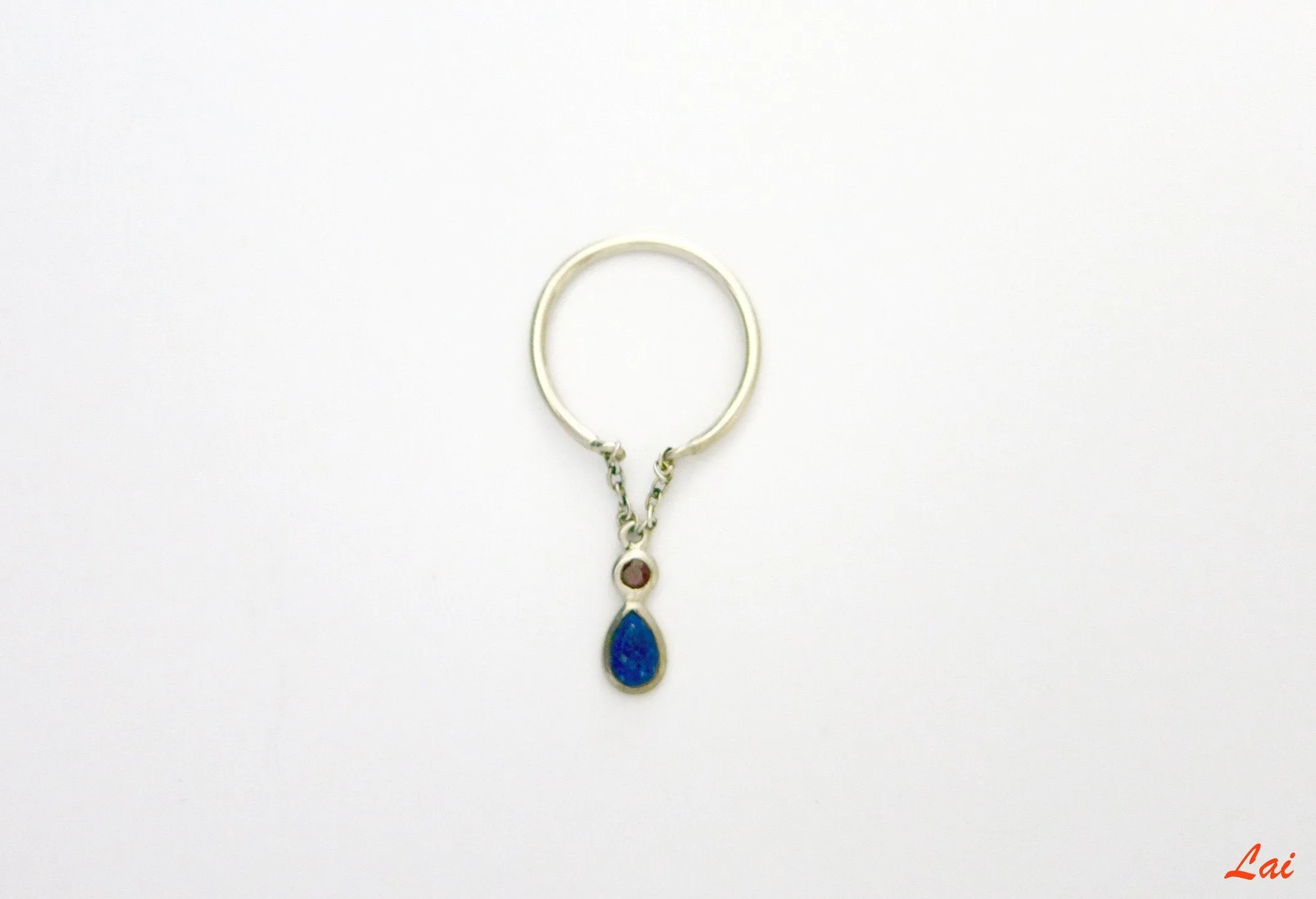 Dainty, stackable thin ring with a hanging lapis drop