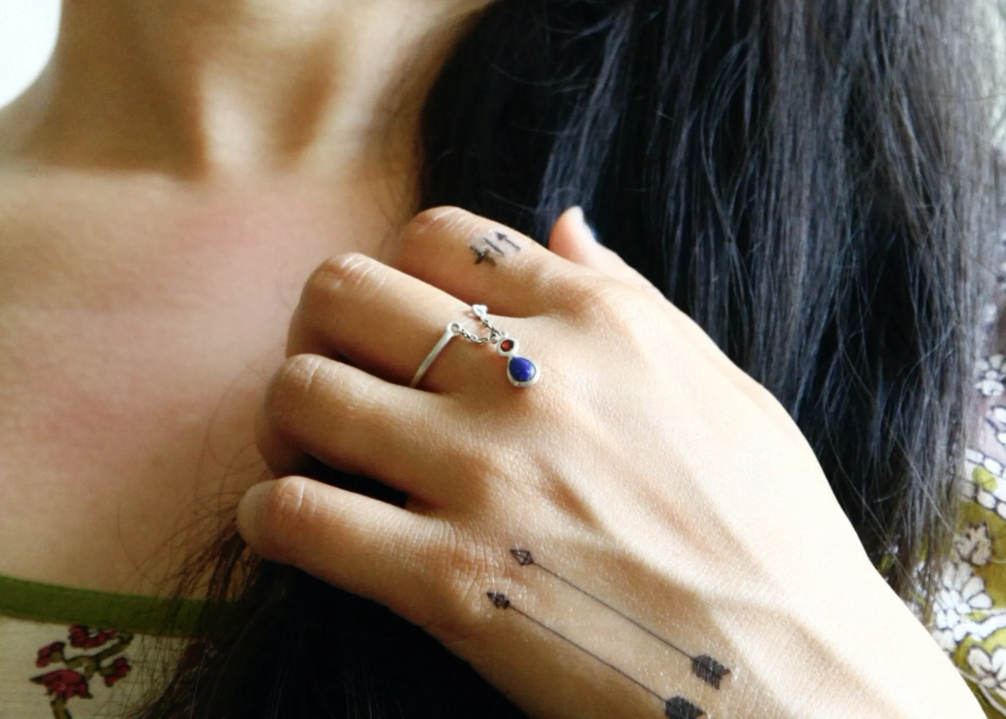 Dainty, stackable thin ring with a hanging lapis drop