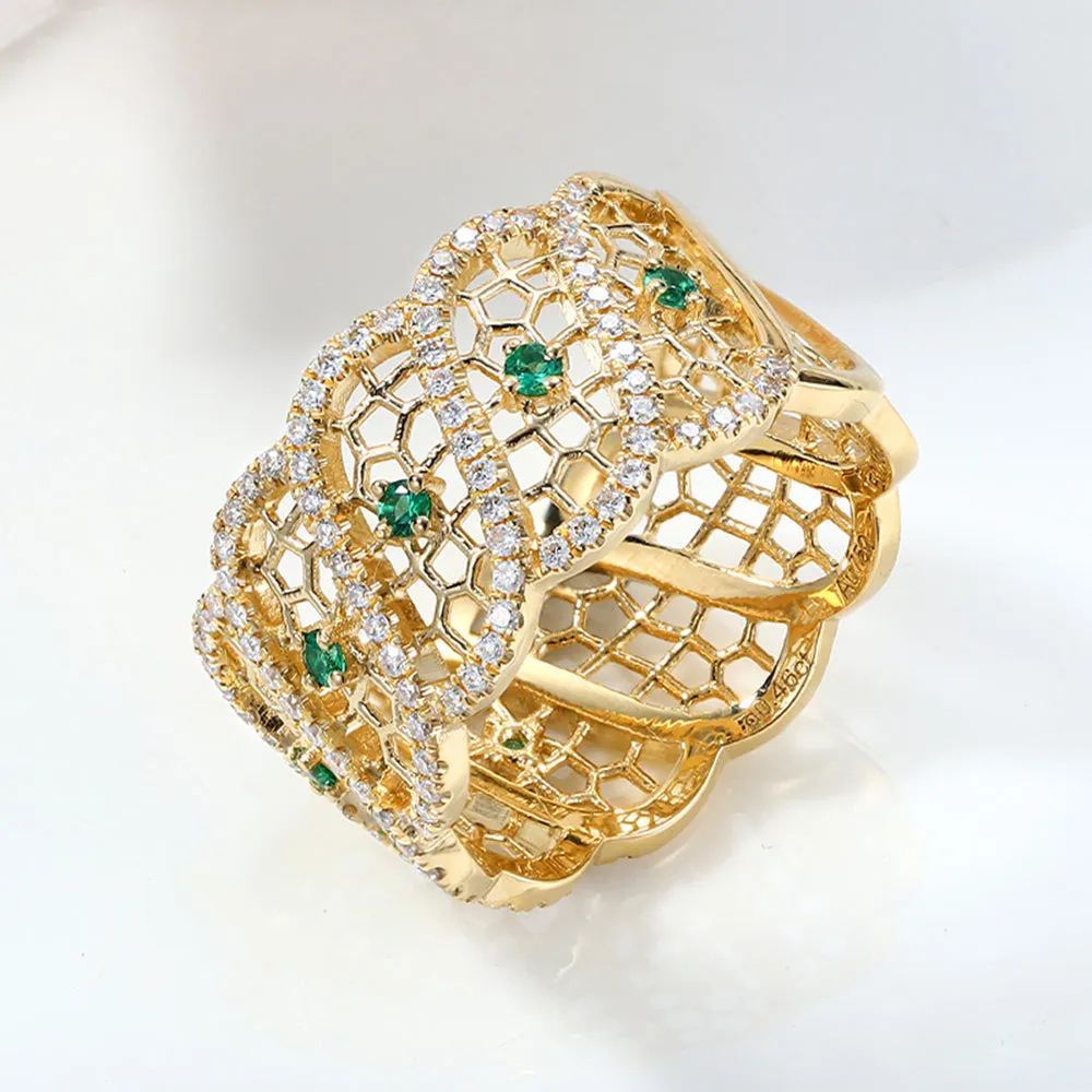 Diamond and Emerald Filigree Wide Ring