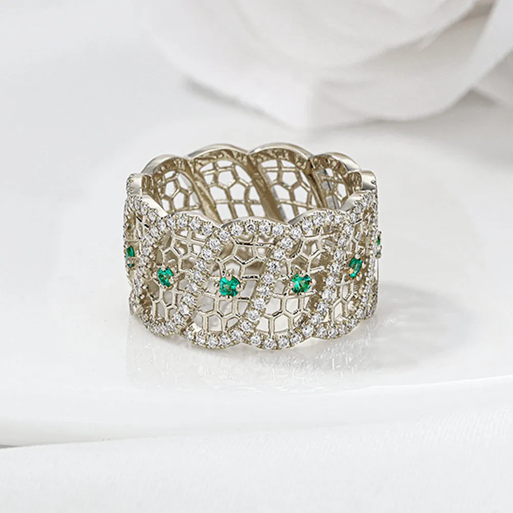 Diamond and Emerald Filigree Wide Ring