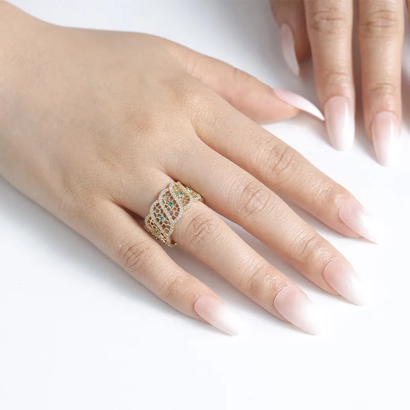 Diamond and Emerald Filigree Wide Ring