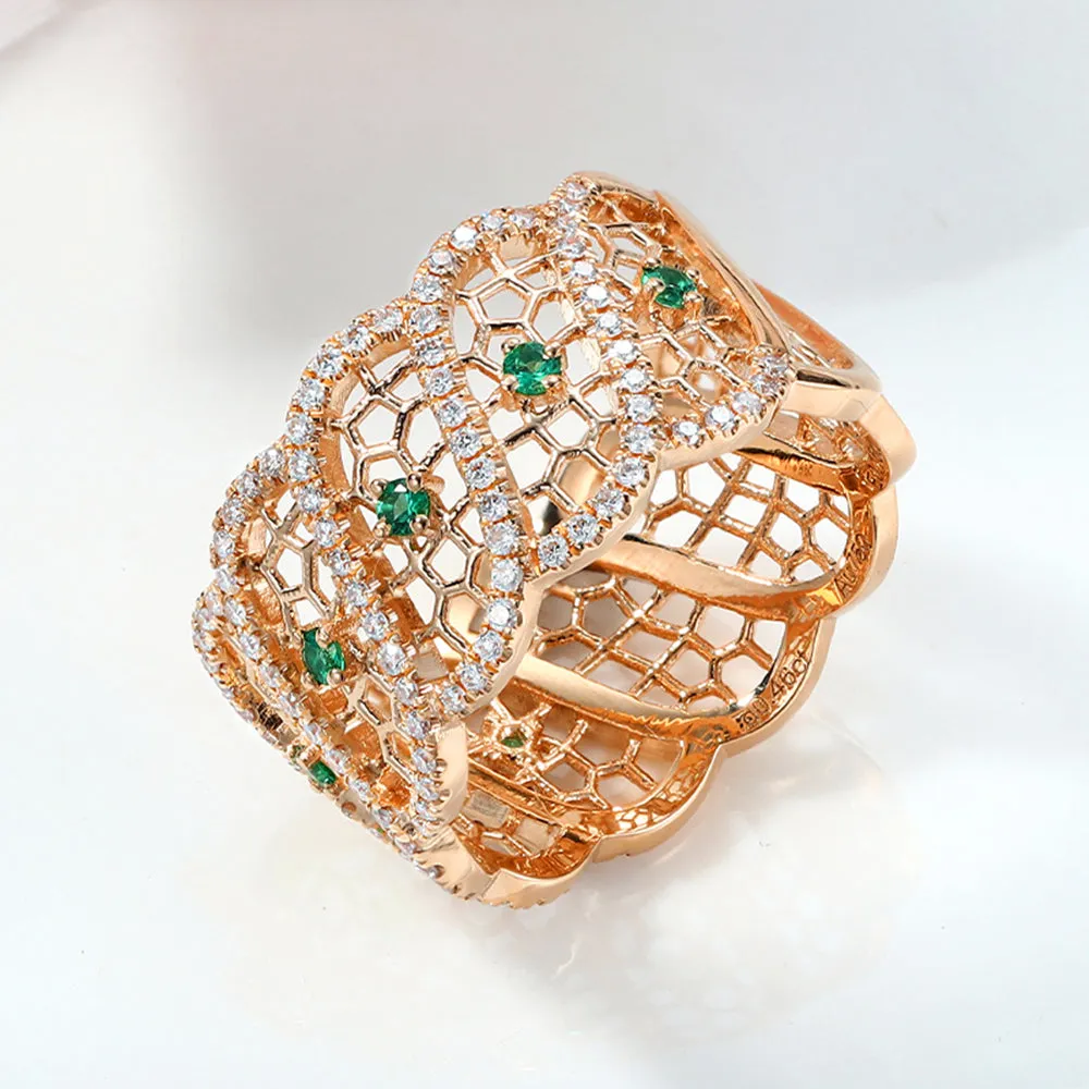 Diamond and Emerald Filigree Wide Ring
