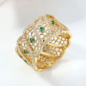 Diamond and Emerald Filigree Wide Ring