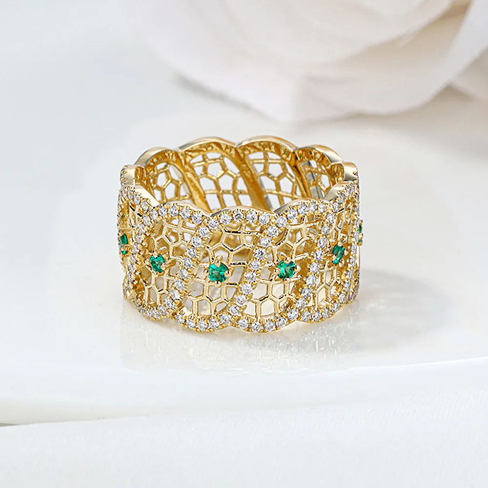 Diamond and Emerald Filigree Wide Ring