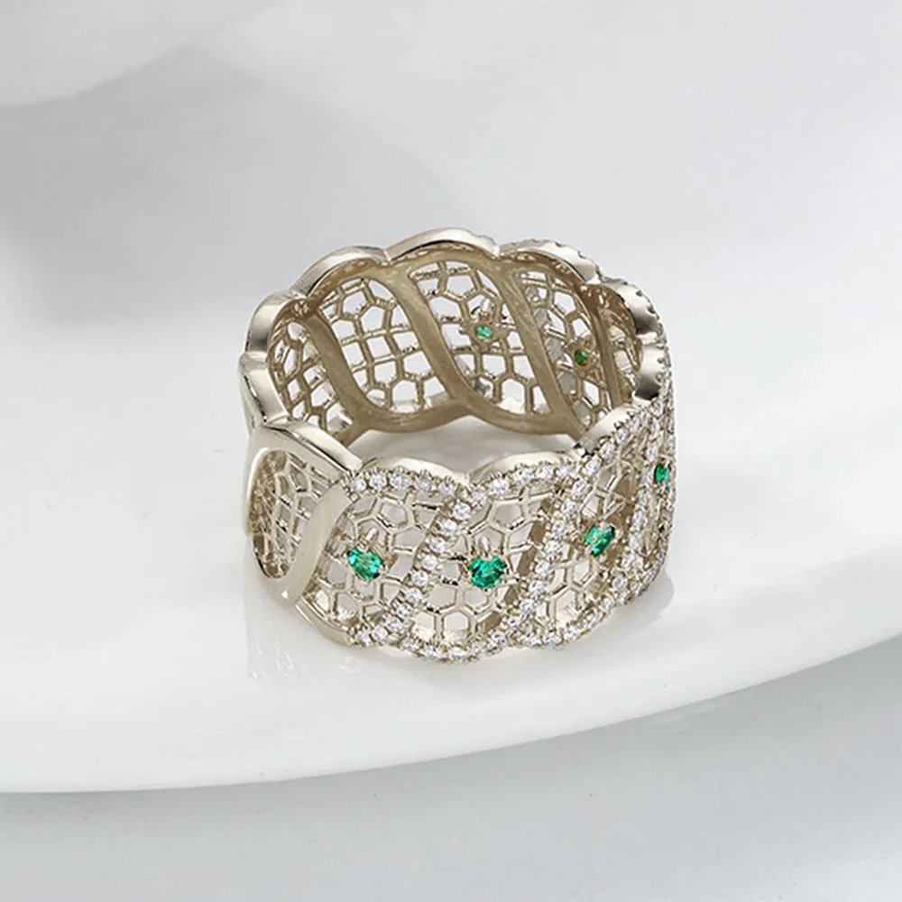 Diamond and Emerald Filigree Wide Ring