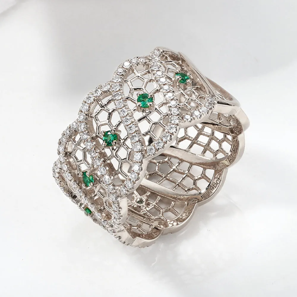 Diamond and Emerald Filigree Wide Ring