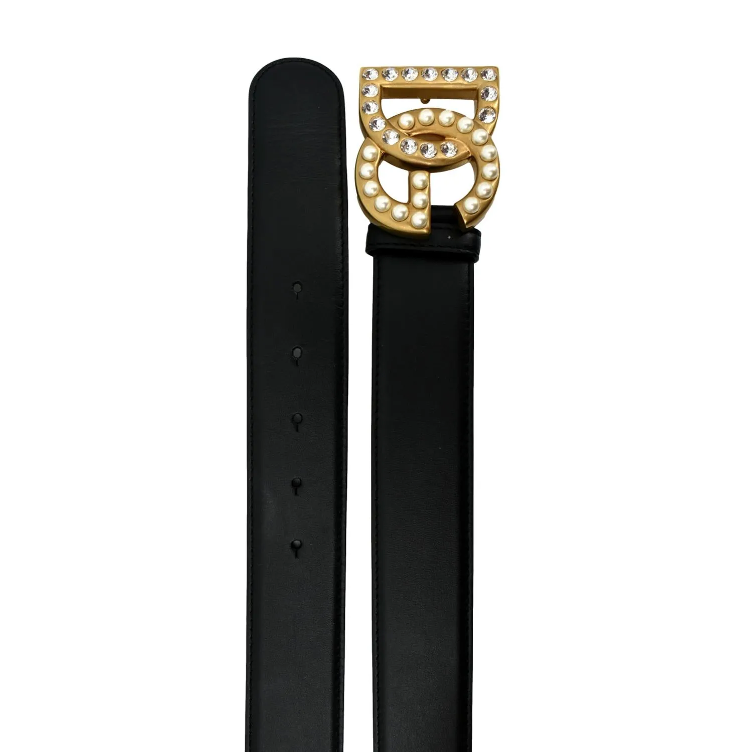 DOLCE & GABBANA Logo Rhinestones Leather Belt Black