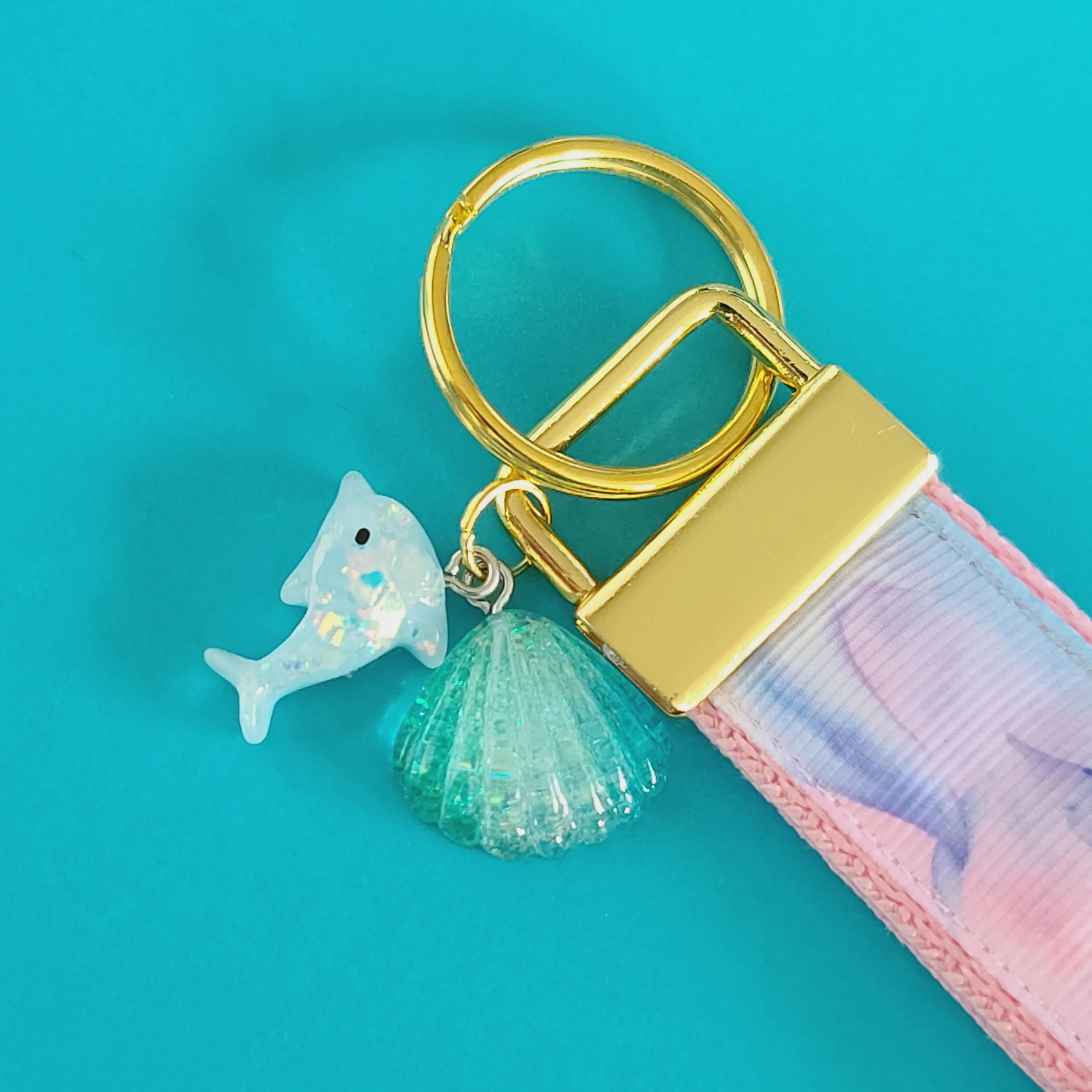 Dolphins in Watercolor Pink Blue Waters on Yellow Gold Key Chain Fob  with Dolphin Charm