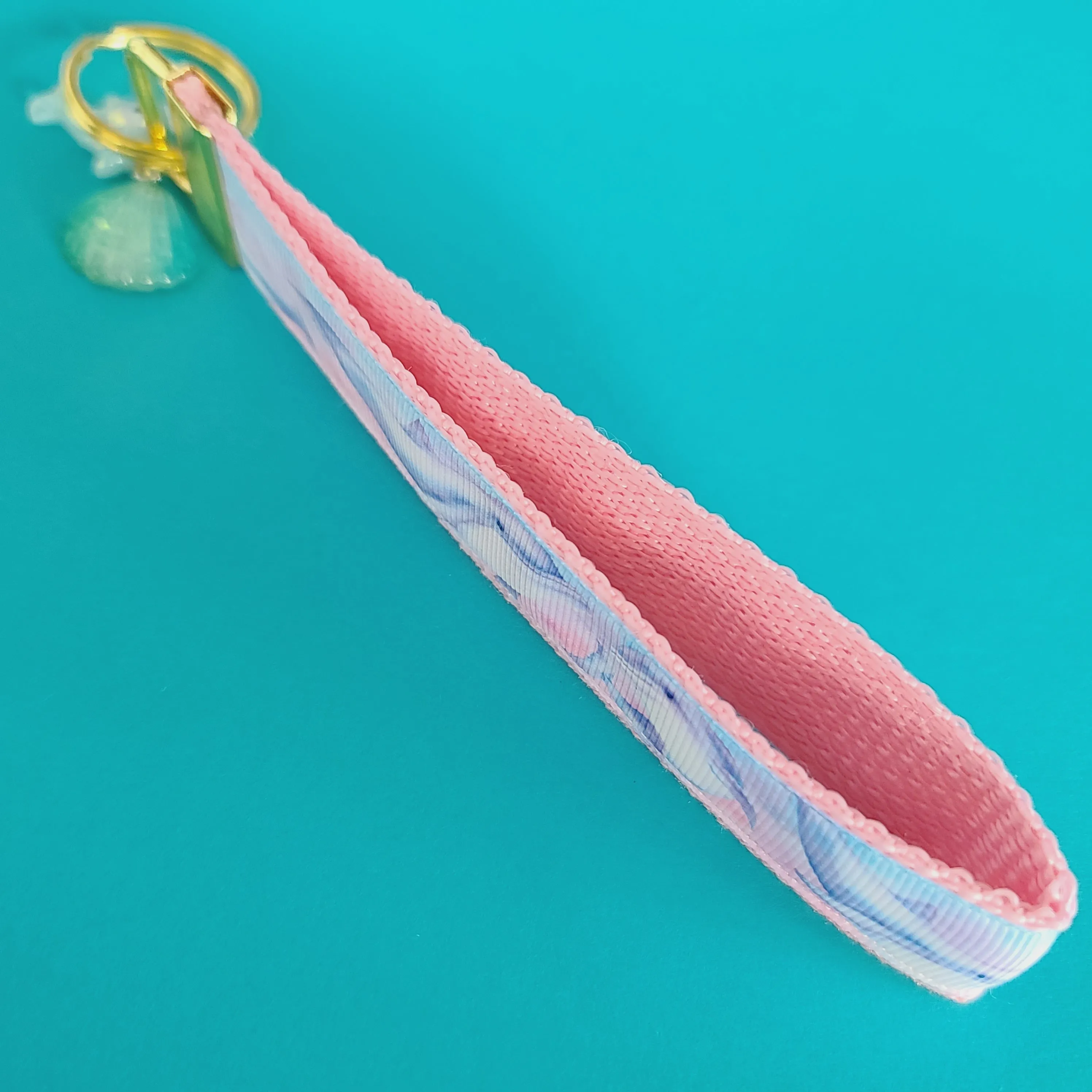 Dolphins in Watercolor Pink Blue Waters on Yellow Gold Key Chain Fob  with Dolphin Charm