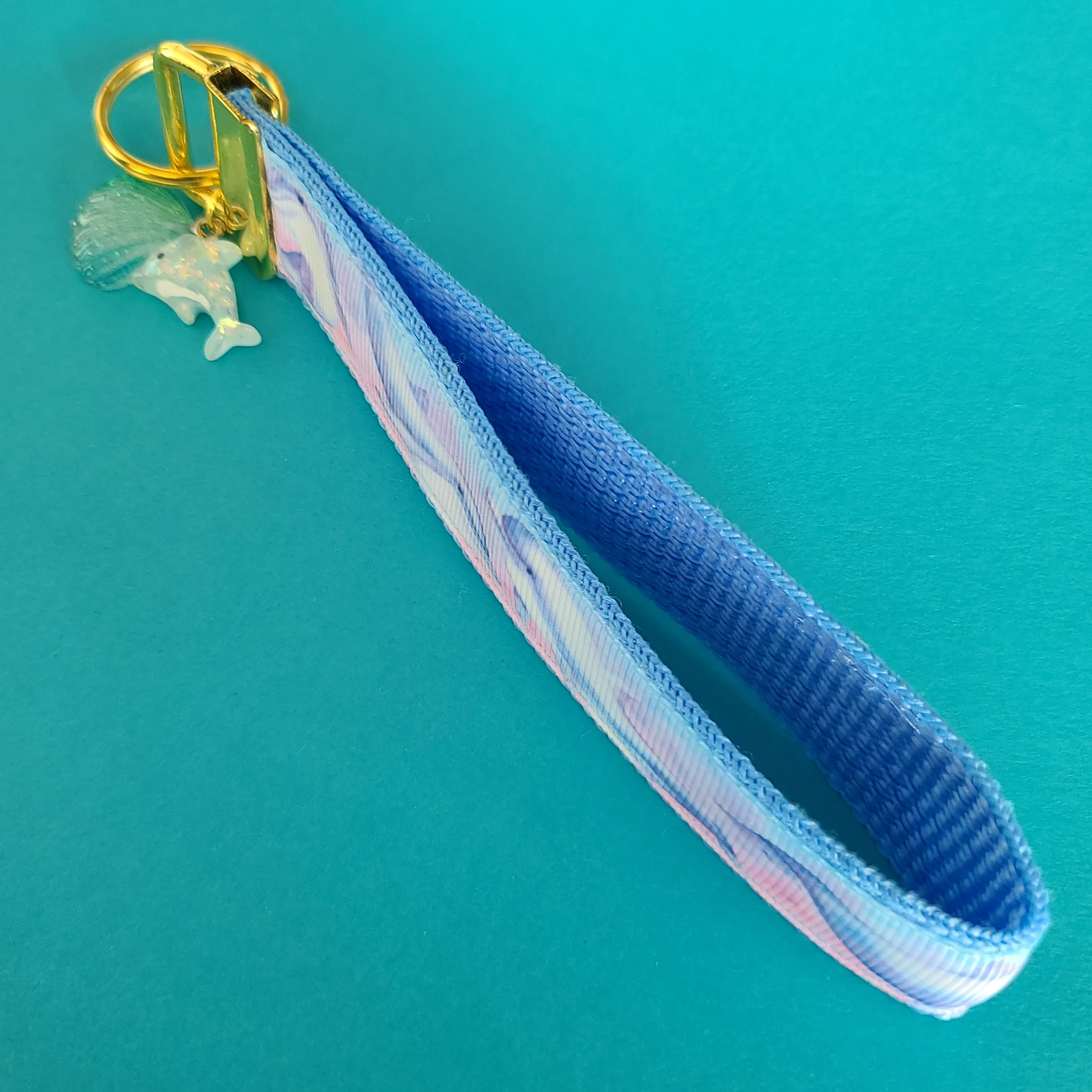Dolphins in Watercolor Pink Blue Waters on Yellow Gold Key Chain Fob  with Dolphin Charm