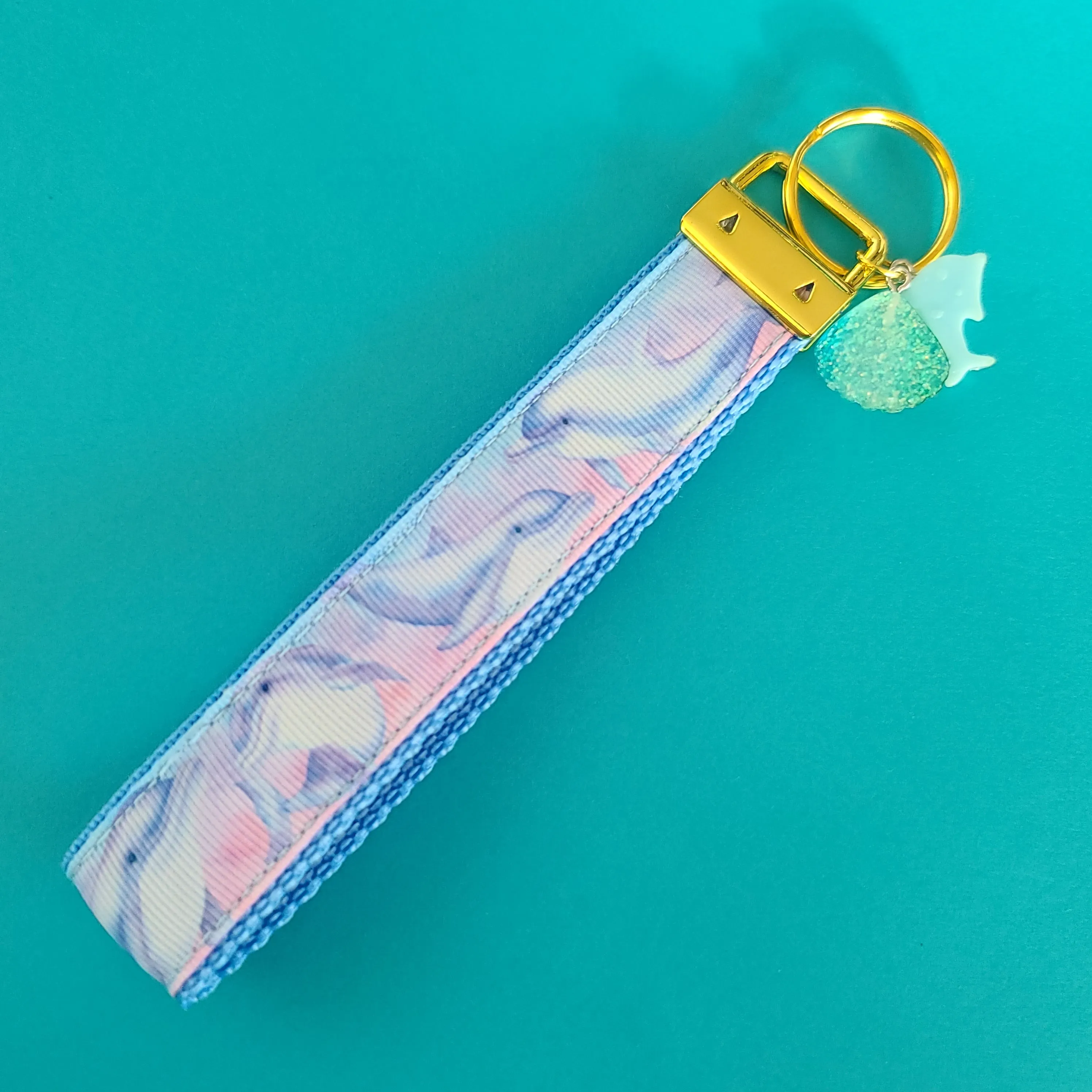 Dolphins in Watercolor Pink Blue Waters on Yellow Gold Key Chain Fob  with Dolphin Charm