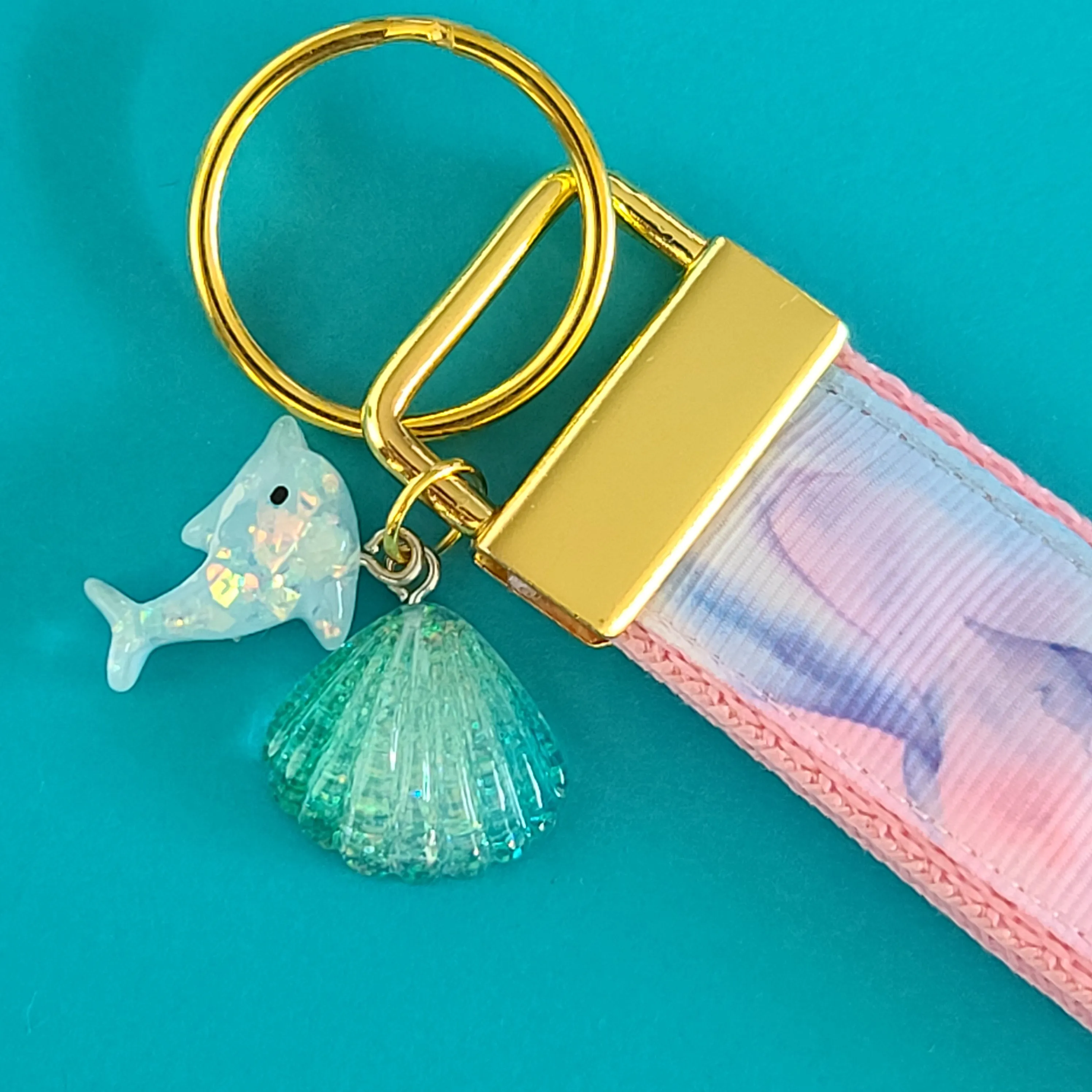 Dolphins in Watercolor Pink Blue Waters on Yellow Gold Key Chain Fob  with Dolphin Charm