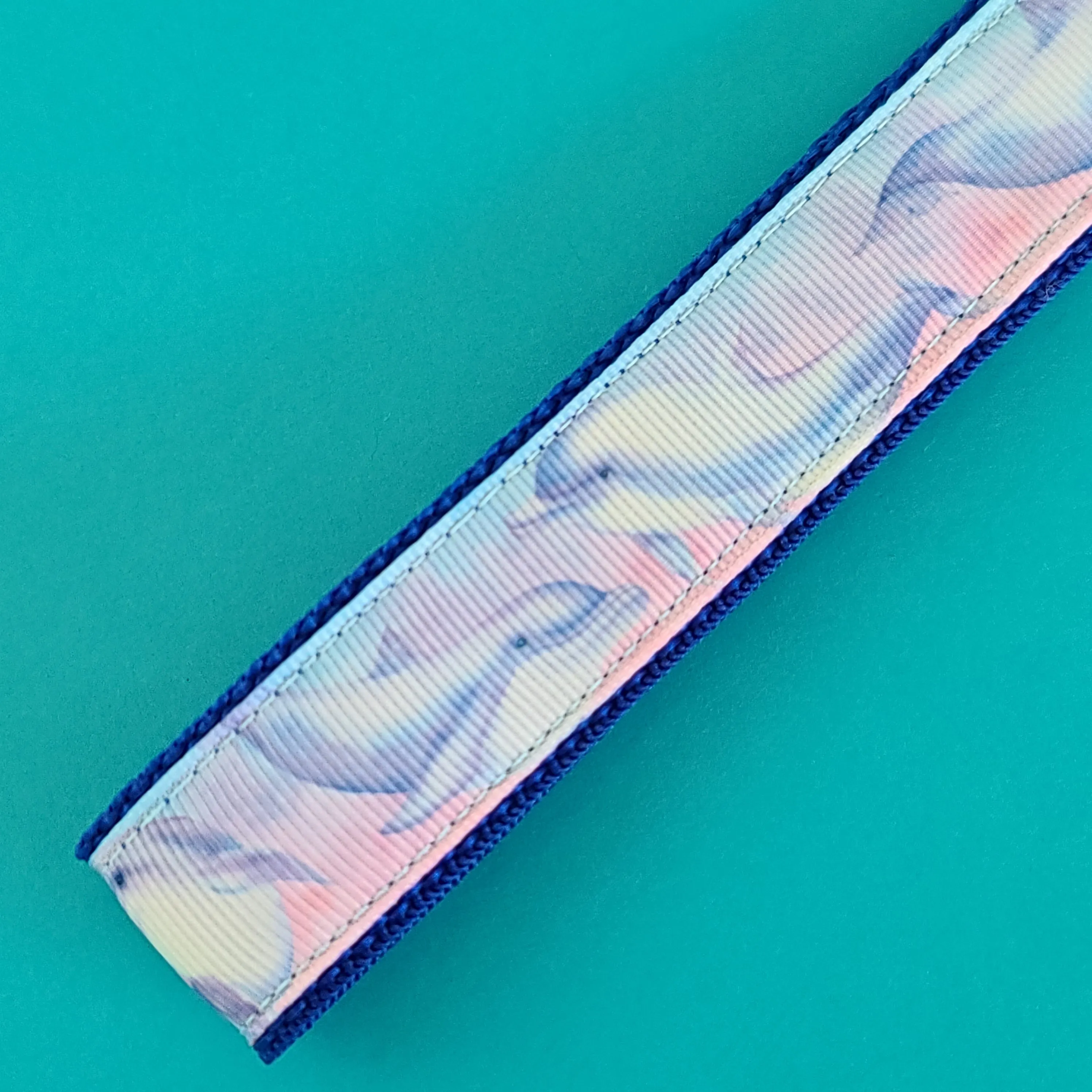 Dolphins in Watercolor Pink Blue Waters on Yellow Gold Key Chain Fob  with Dolphin Charm
