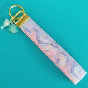 Dolphins in Watercolor Pink Blue Waters on Yellow Gold Key Chain Fob  with Dolphin Charm