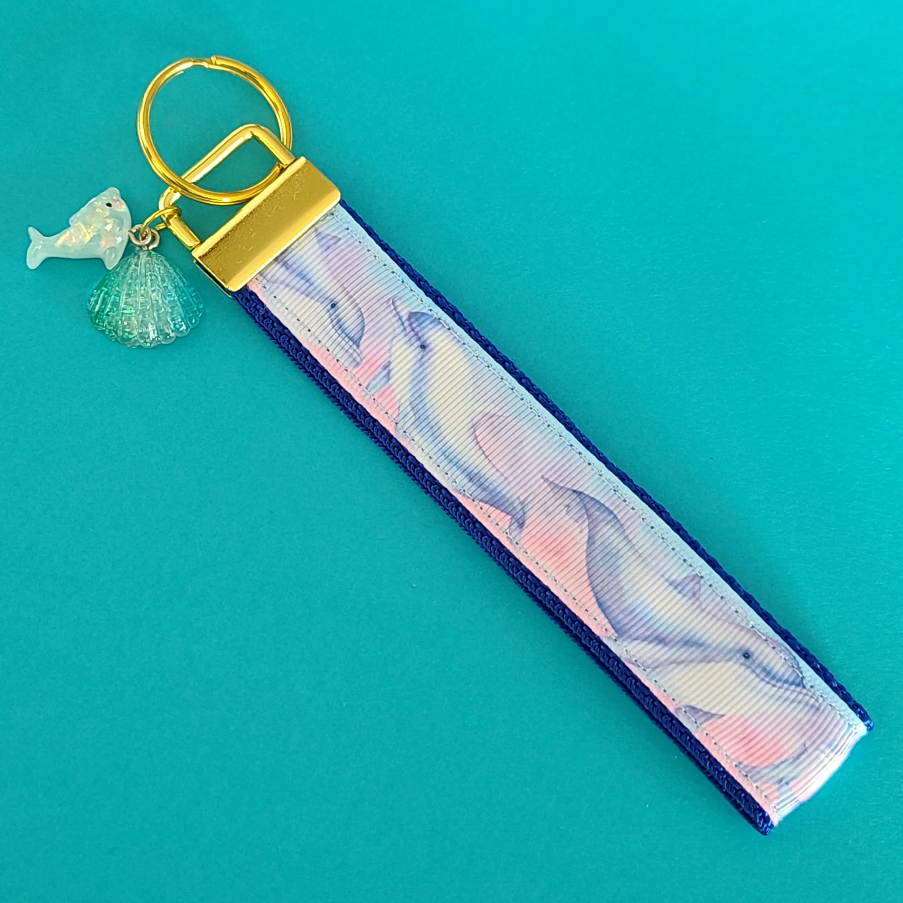 Dolphins in Watercolor Pink Blue Waters on Yellow Gold Key Chain Fob  with Dolphin Charm